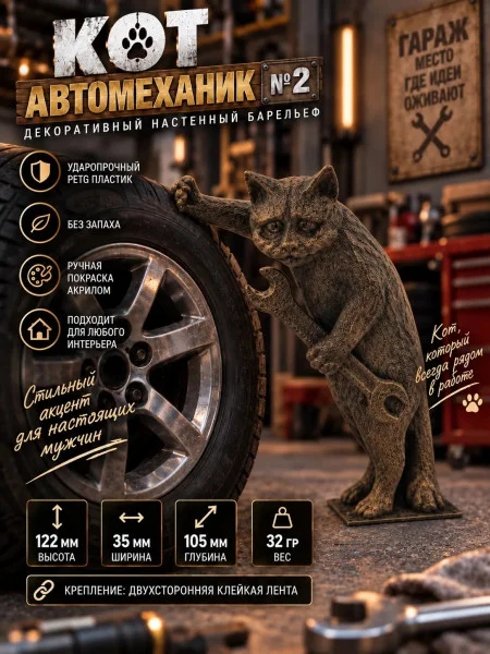 Декоративный настенный барельеф - Кот автомеханик №2