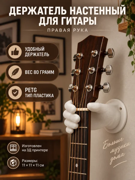 Держатель для гитары настенный - Рука правая белая