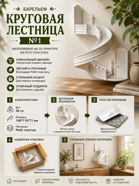 Декоративный настенный барельеф «Круговая лестница #1 белая» Декоративный настенный барельеф «Круговая лестница #1 белая»