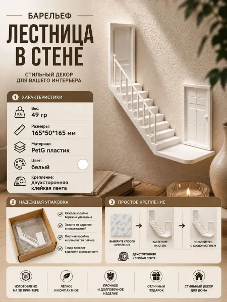 Декоративный настенный барельеф М3Д «Лестница в стене белая» Декоративный настенный барельеф М3Д «Лестница в стене белая»