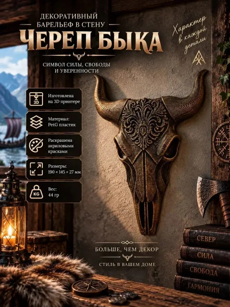Декоративный настенный барельеф М3Д «Череп быка»