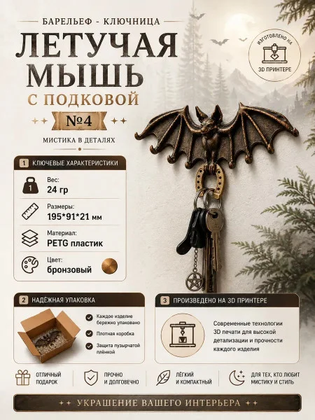 Настенная ключница М3Д «Летучая мышь с подковой №4»
