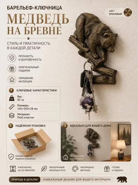 Настенная ключница М3Д «Медведь на бревне»
