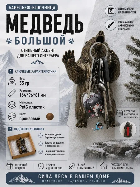 Настенная ключница М3Д «Медведь большой»