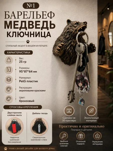 Настенная ключница М3Д «Медведь»