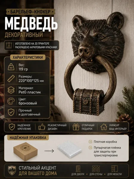 Декоративная фигурка «Дверной кнокер — Медведь с сундуком»