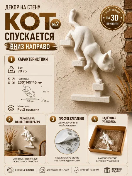 Декоративная настенная фигурка Кот спускается по лестнице Декоративная настенная фигурка Кот спускается по лестнице