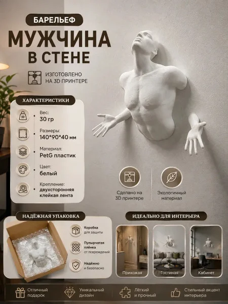 Декоративный настенный барельеф М3Д «Мужчина в стене белый»