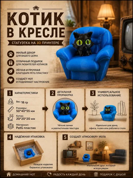 Декоративная статуэтка М3Д «Котик в кресле»