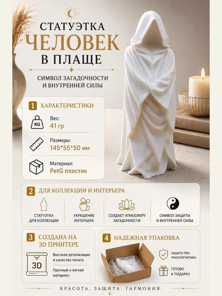 Декоративная статуэтка М3Д «Человек в плаще стоит белый»