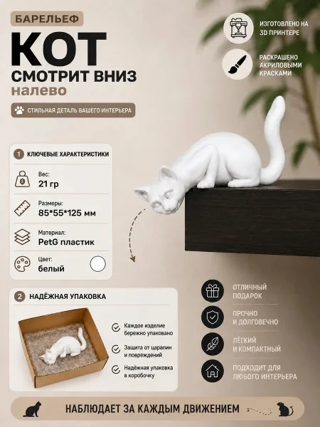 Декоративный настенный барельеф «Кот смотрит вниз налево» Декоративный настенный барельеф «Кот смотрит вниз налево»