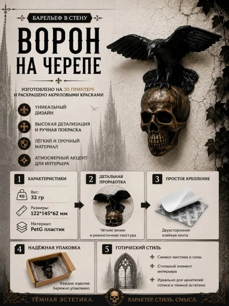 Декоративный настенный барельеф М3Д «Ворон на черепе» Декоративный настенный барельеф М3Д «Ворон на черепе»