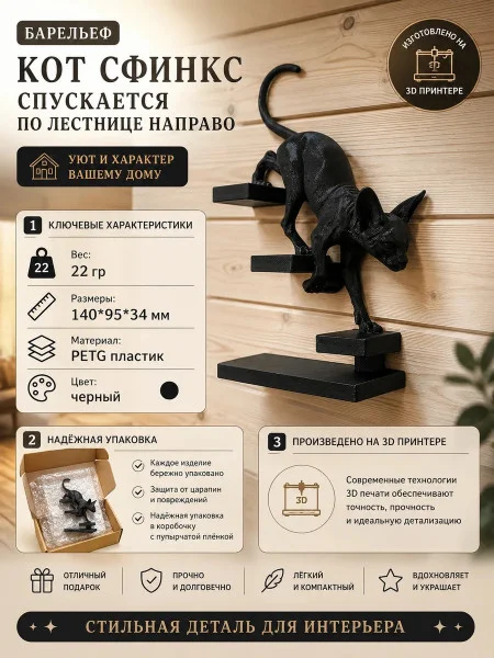 Декоративный барельеф - Кот сфинкс спускается направо черный Декоративный барельеф - Кот сфинкс спускается направо черный